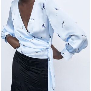 ZARA Blue Bird-Print Wrap Blouse -